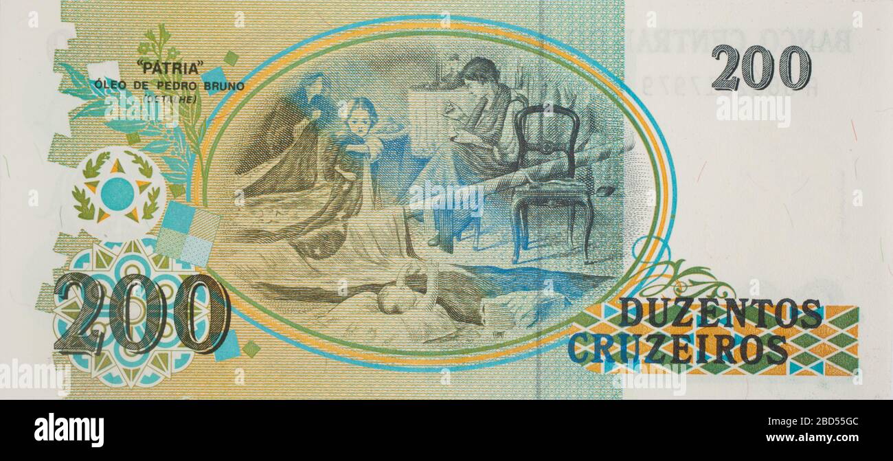 Il rovescio di una banconota brasiliana dal 1990. 200 Duzentos Cruzeiros Foto Stock