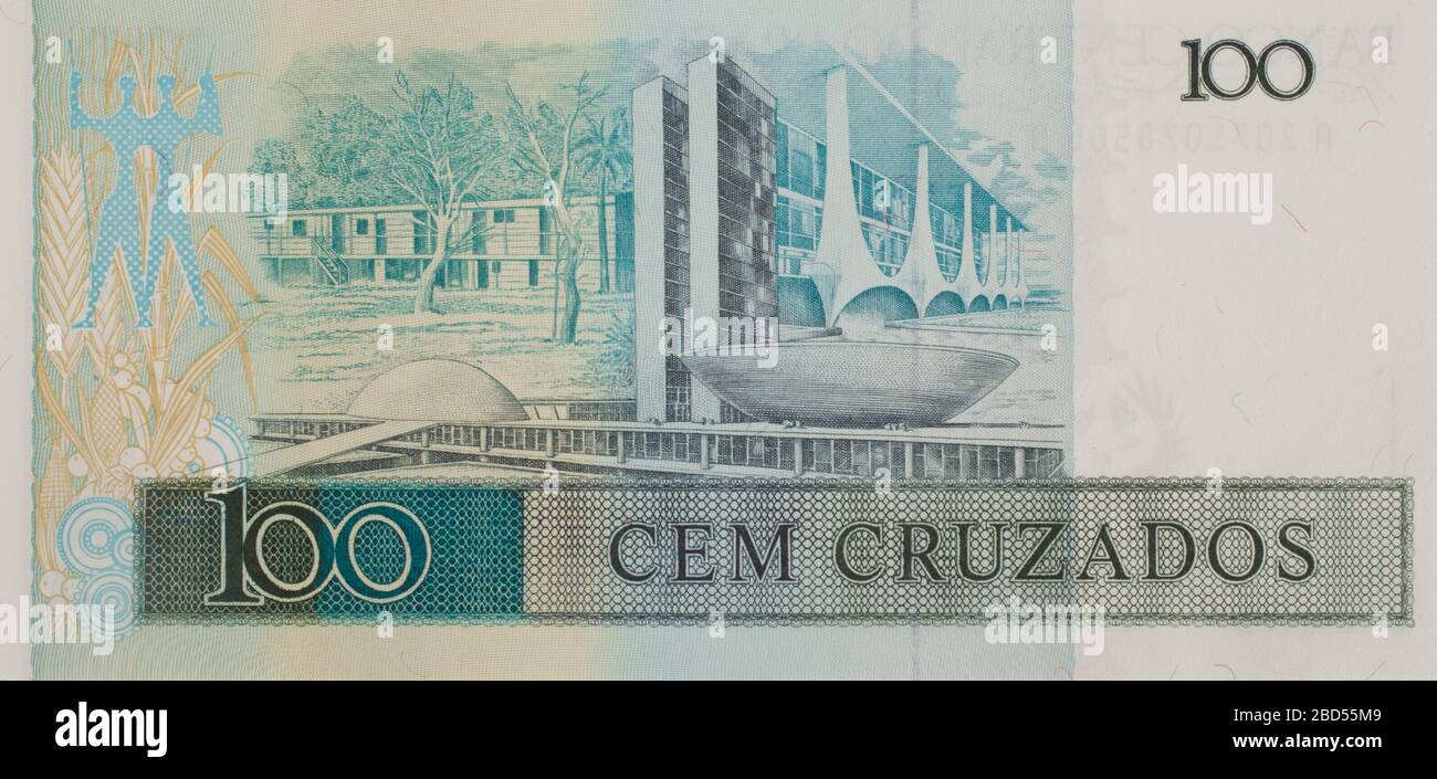 Il rovescio di una banconota brasiliana CEM Cruzados del 100 dal 1986 Foto Stock