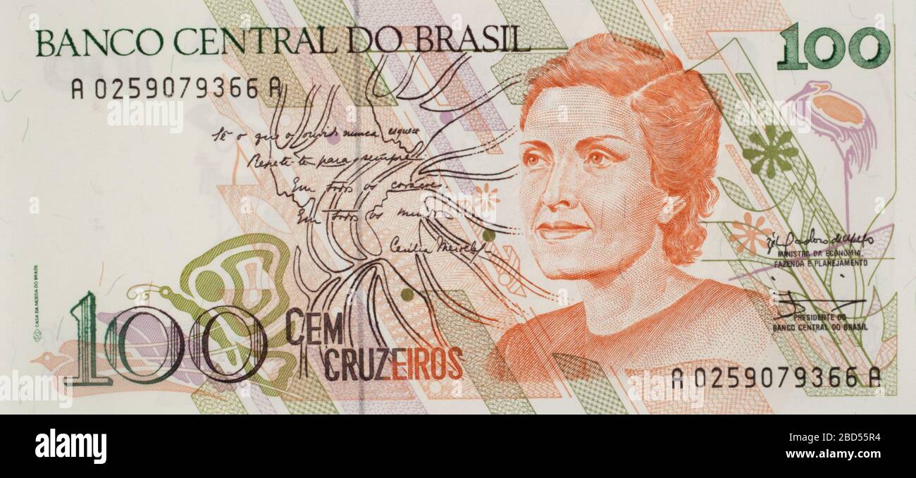 Il fronte di una banconota brasiliana del 1990, 100 CEM Cruzeiros Foto Stock