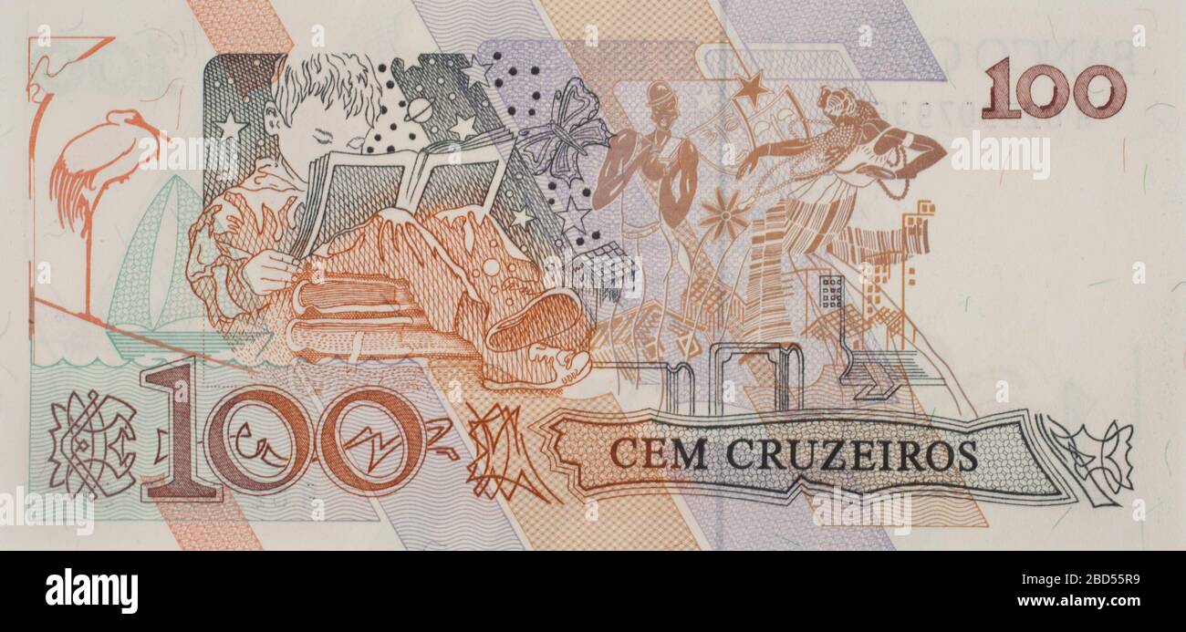 Il rovescio di una banconota brasiliana dal 1990, 100 CEM Cruzeiros Foto Stock
