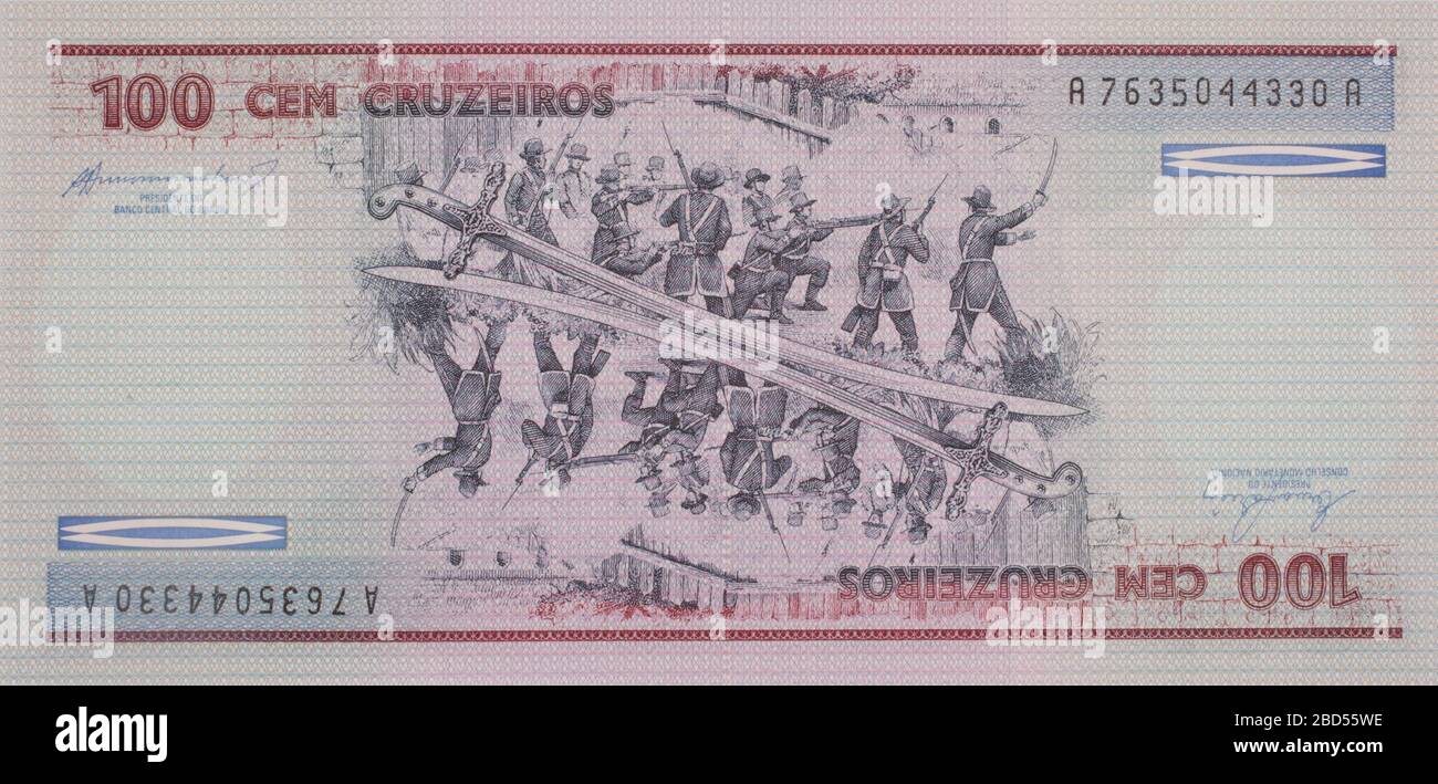 Il rovescio di una banconota brasiliana dal 1984, 100 CEM Cruzeiros Foto Stock