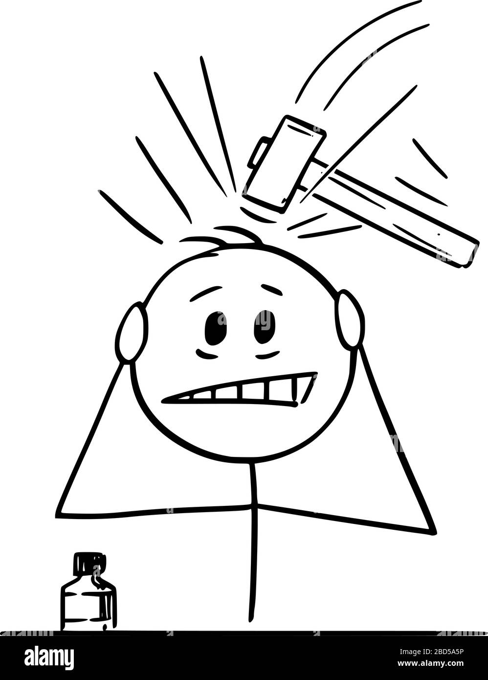Figura di bastone cartoon vettoriale disegno concettuale dell'uomo che soffre di mal di testa grave o mal di testa o emicrania. Illustrazione Vettoriale