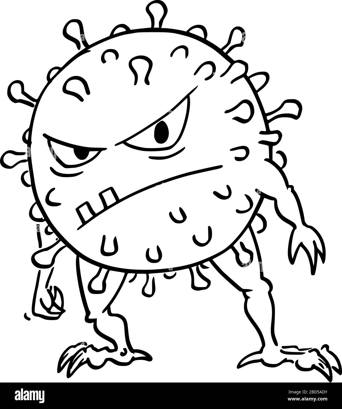 Cartoni animati vettoriali divertente illustrazione di divertente mostro del virus coronavirus COVID-19 pazzo. Illustrazione Vettoriale