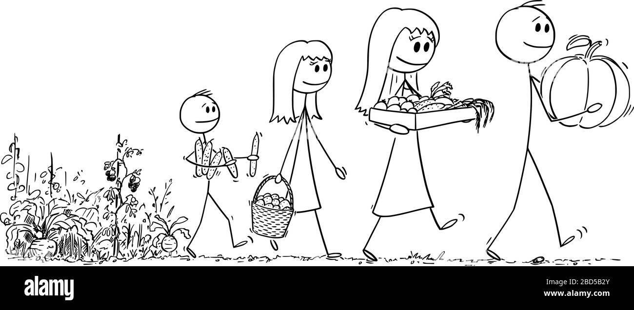 Figura di bastone cartoon vettoriale disegno concettuale di felice famiglia sorridente di padre, madre, figlio e figlia che porta raccolto da fattoria vegetale o giardino. Illustrazione Vettoriale