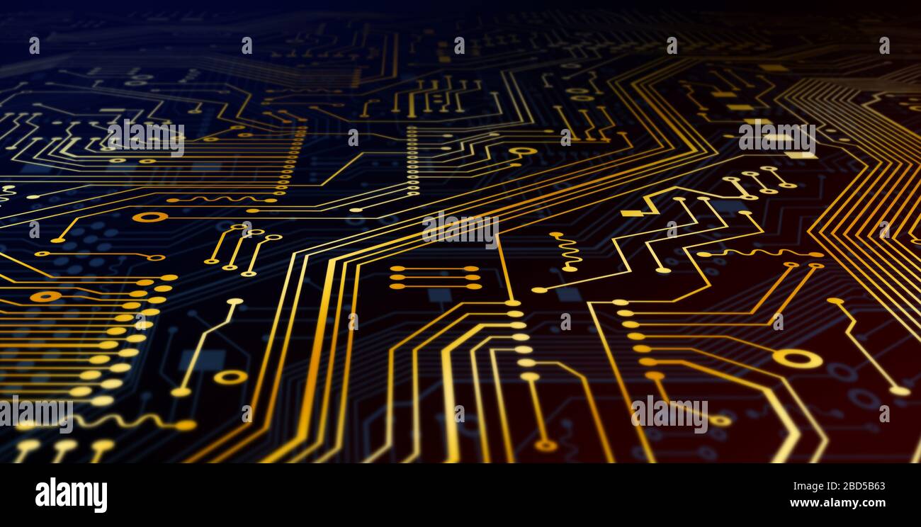 Tecnologie informatiche. Circuito microelettronico con linee dorate, vista macro. Illustrazione. Panorama Foto Stock