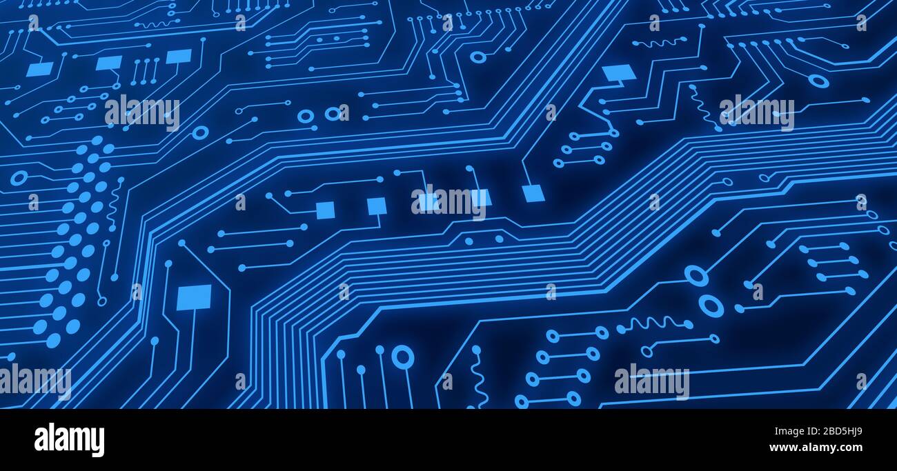 Tecnologie moderne. Circuito microelettronico con linee blu lucide, illustrazione. Panorama Foto Stock