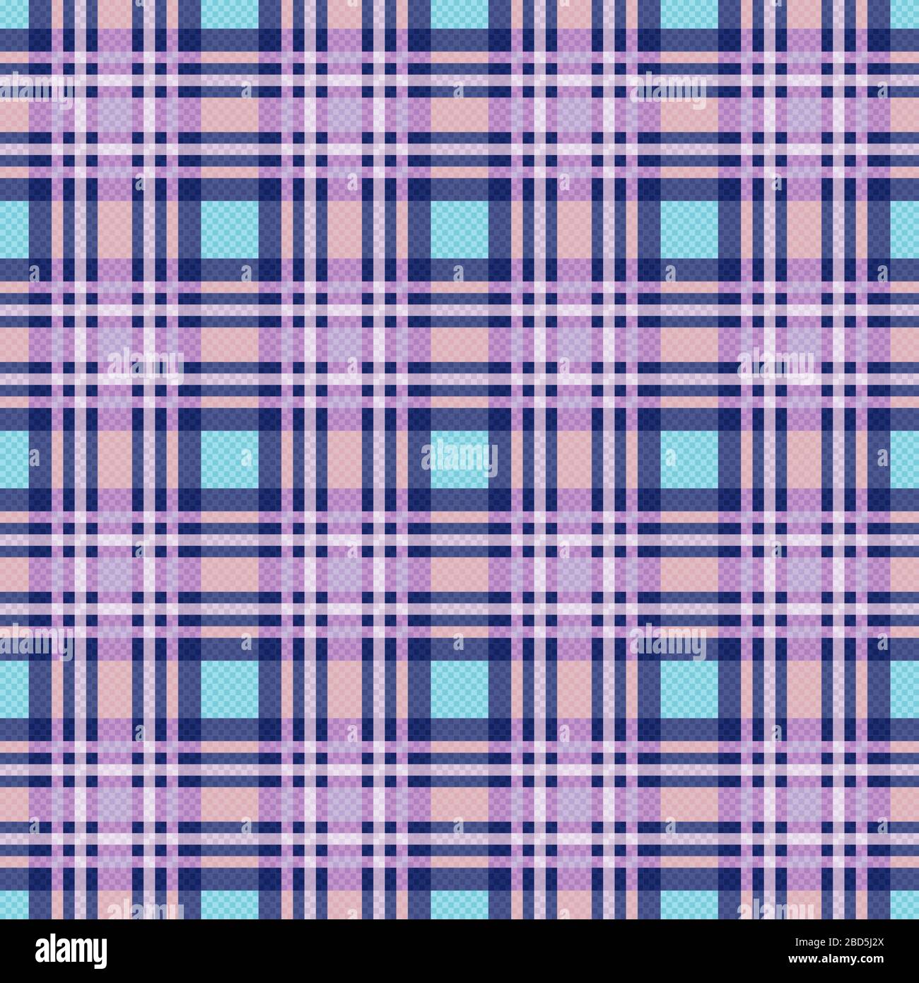 A scacchi senza cuciture nelle tonalità blu, viola e beige con effetto trasparenza, motivo raffigurante un plaid tartan Illustrazione Vettoriale