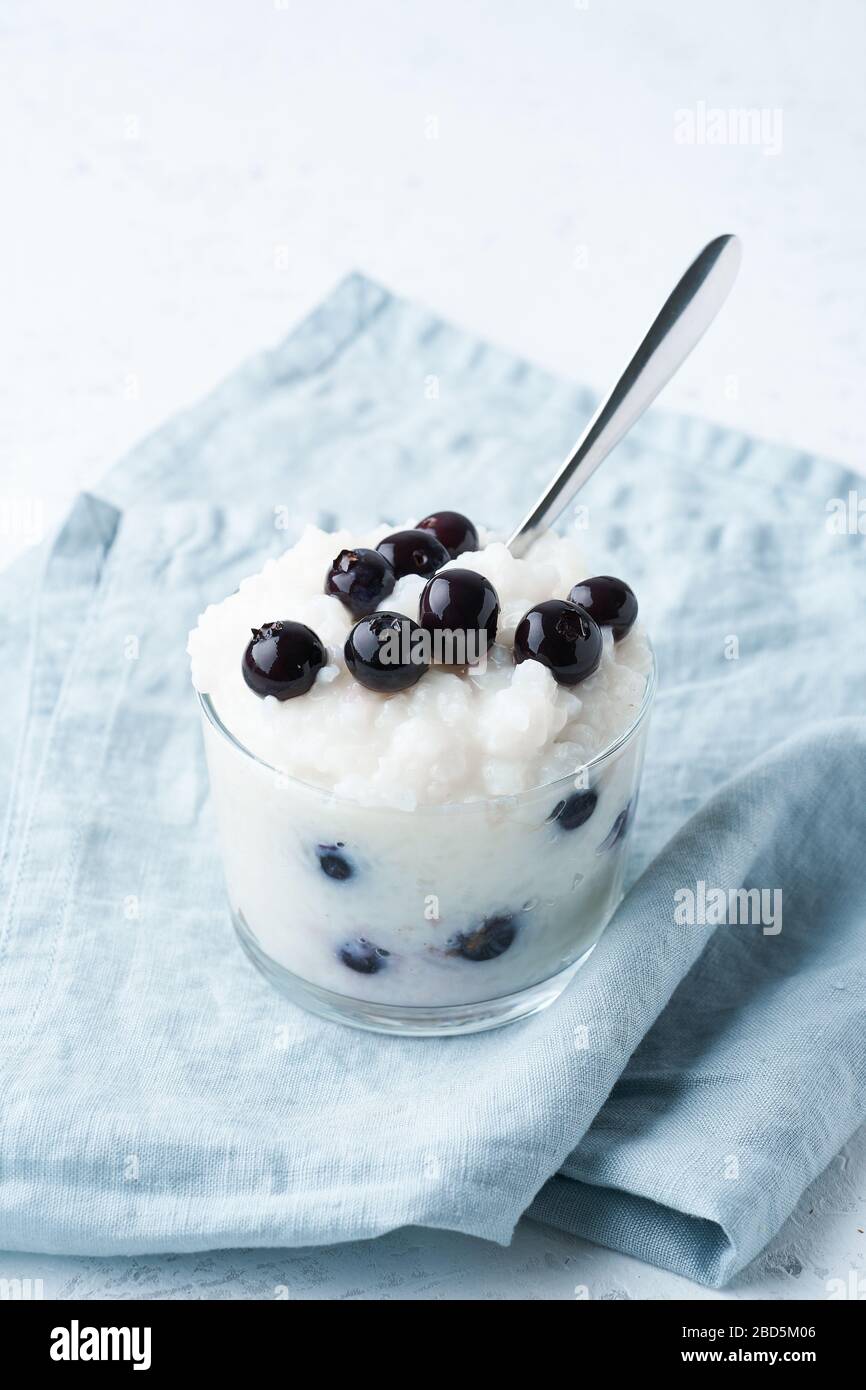 Budino di riso al cocco vegano con mirtillo, dessert senza glutine, vista laterale, verticale. Scandinavo Foto Stock