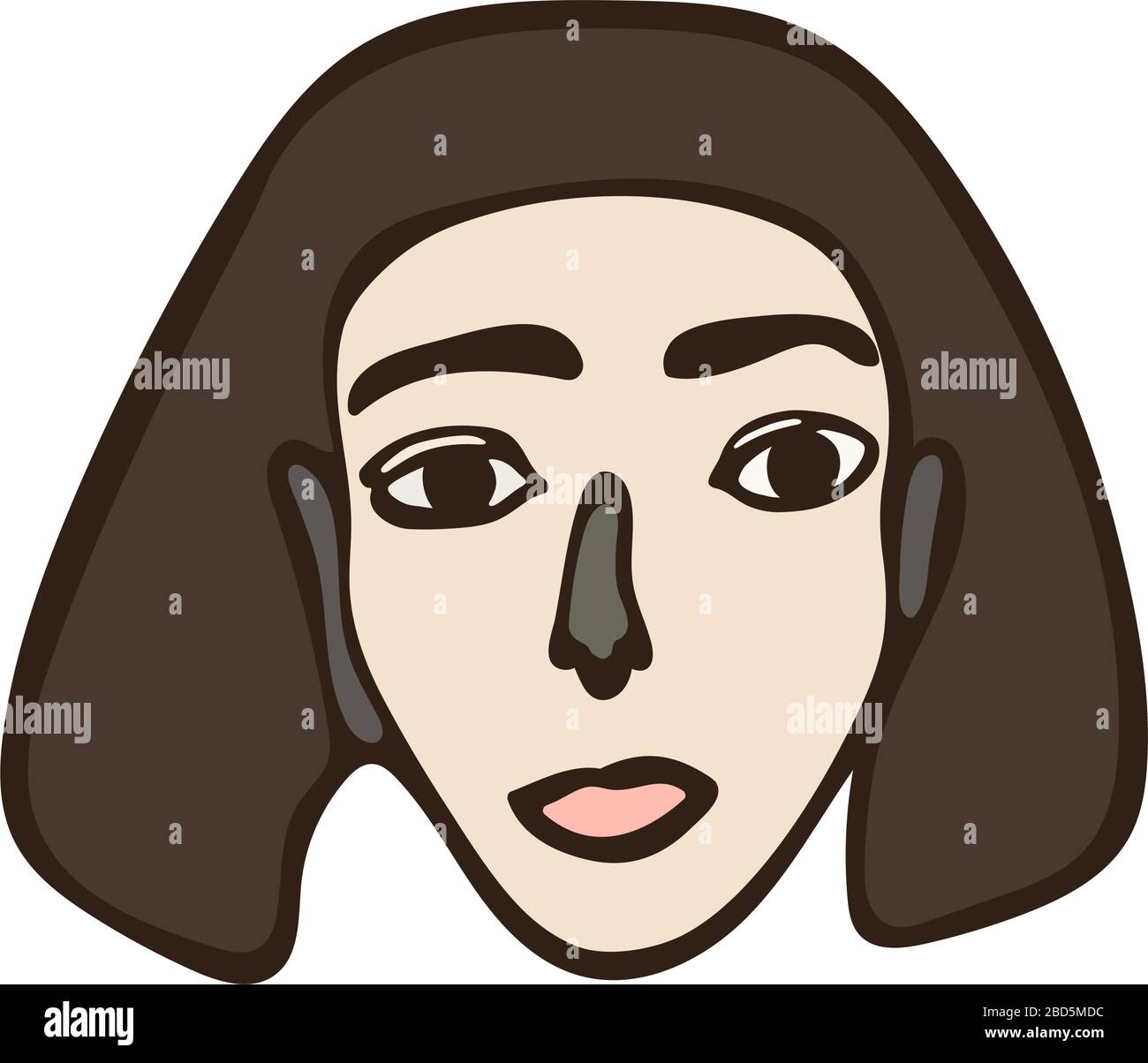 Ritratto femminile isolato lineare minimalista. Ragazza dai capelli castani, faccia bianca con occhi scuri. Caratteristiche facciali semplici. Grafica primitiva scandinava Illustrazione Vettoriale