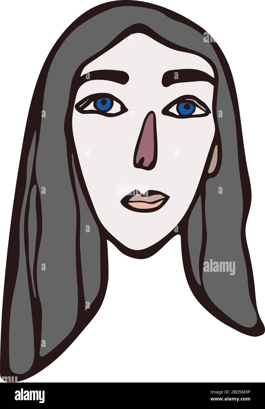 Ritratto femminile lineare minimalista. Capelli grigi naturali, viso lungo chiaro con occhi blu, tratti facciali europei o americani. Design scandinavo Illustrazione Vettoriale