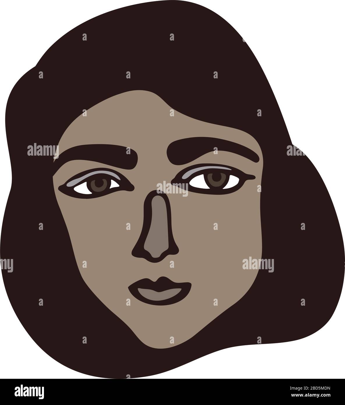 Ritratto femminile isolato lineare minimalista. Faccia marrone con occhi scuri. Caratteristiche facciali iraniane, turche, Arabia Saudita. Medio Oriente o Mediterraneo Illustrazione Vettoriale