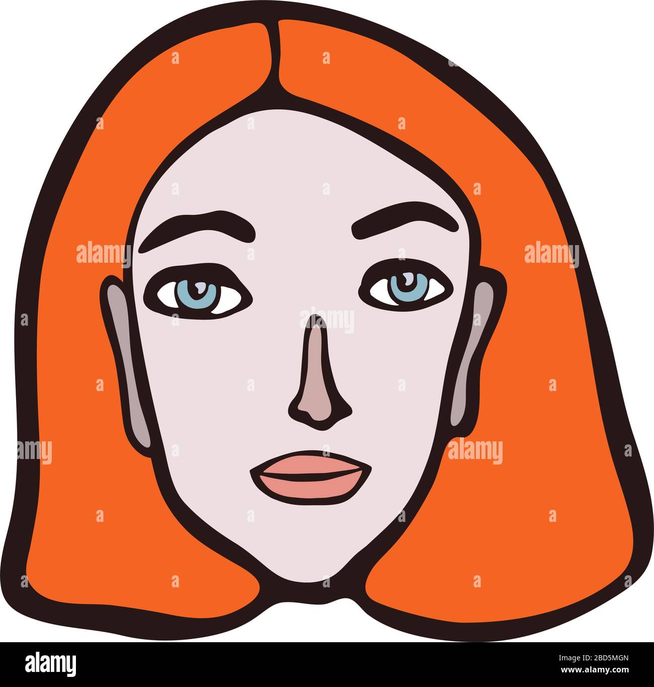 Ritratto femminile lineare minimalista. Ragazza dai capelli rossi, faccia rosa con occhi chiari. Caratteristiche facciali irlandesi o inglesi. Grafica primitiva scandinava Illustrazione Vettoriale