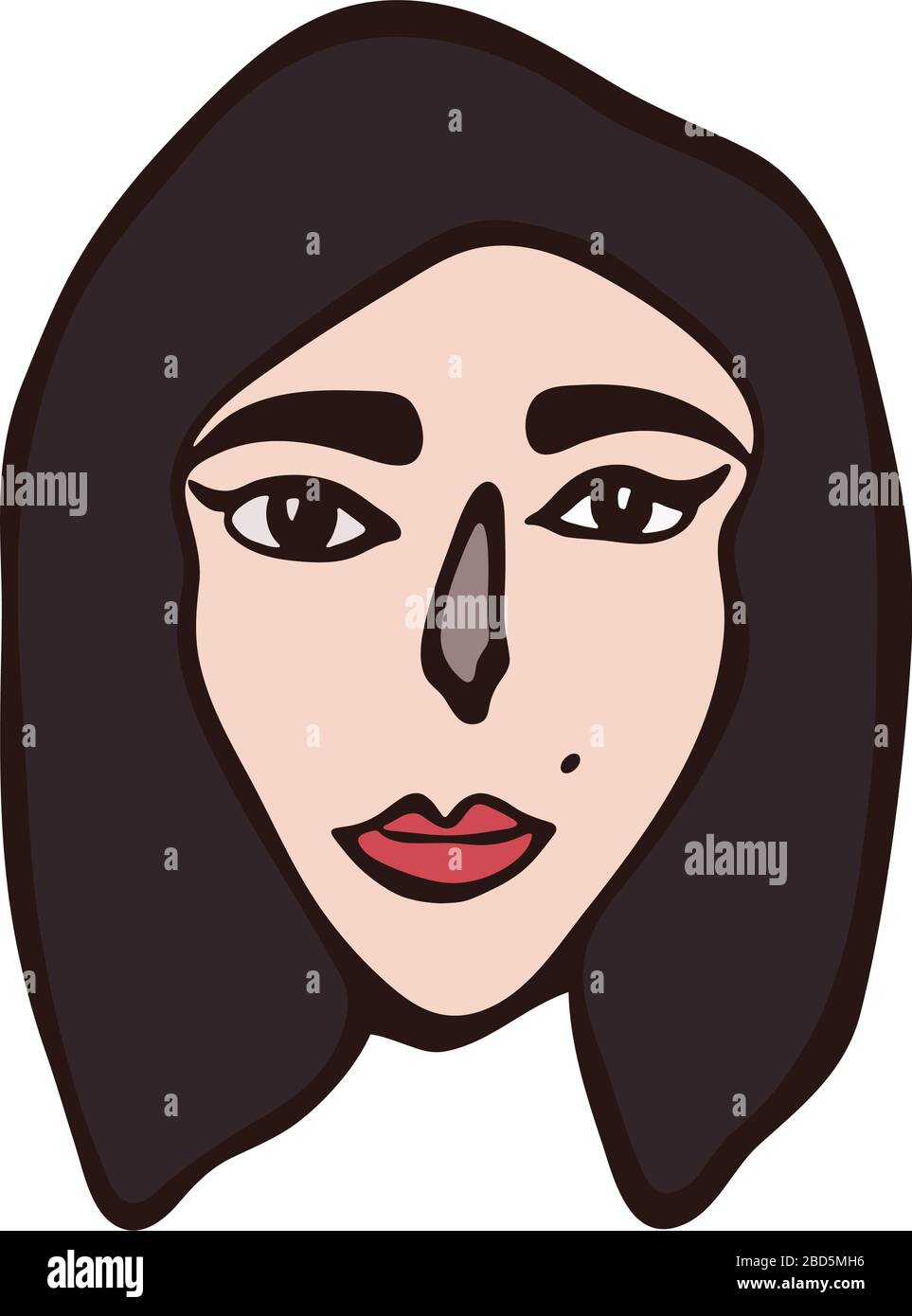 Ritratto femminile lineare minimalista. Ragazza dai capelli scuri, faccia bianca, occhi scuri. Make up ragazza. Palpebre, labbra rosse. Blog, feed sui social media. Alla moda Illustrazione Vettoriale