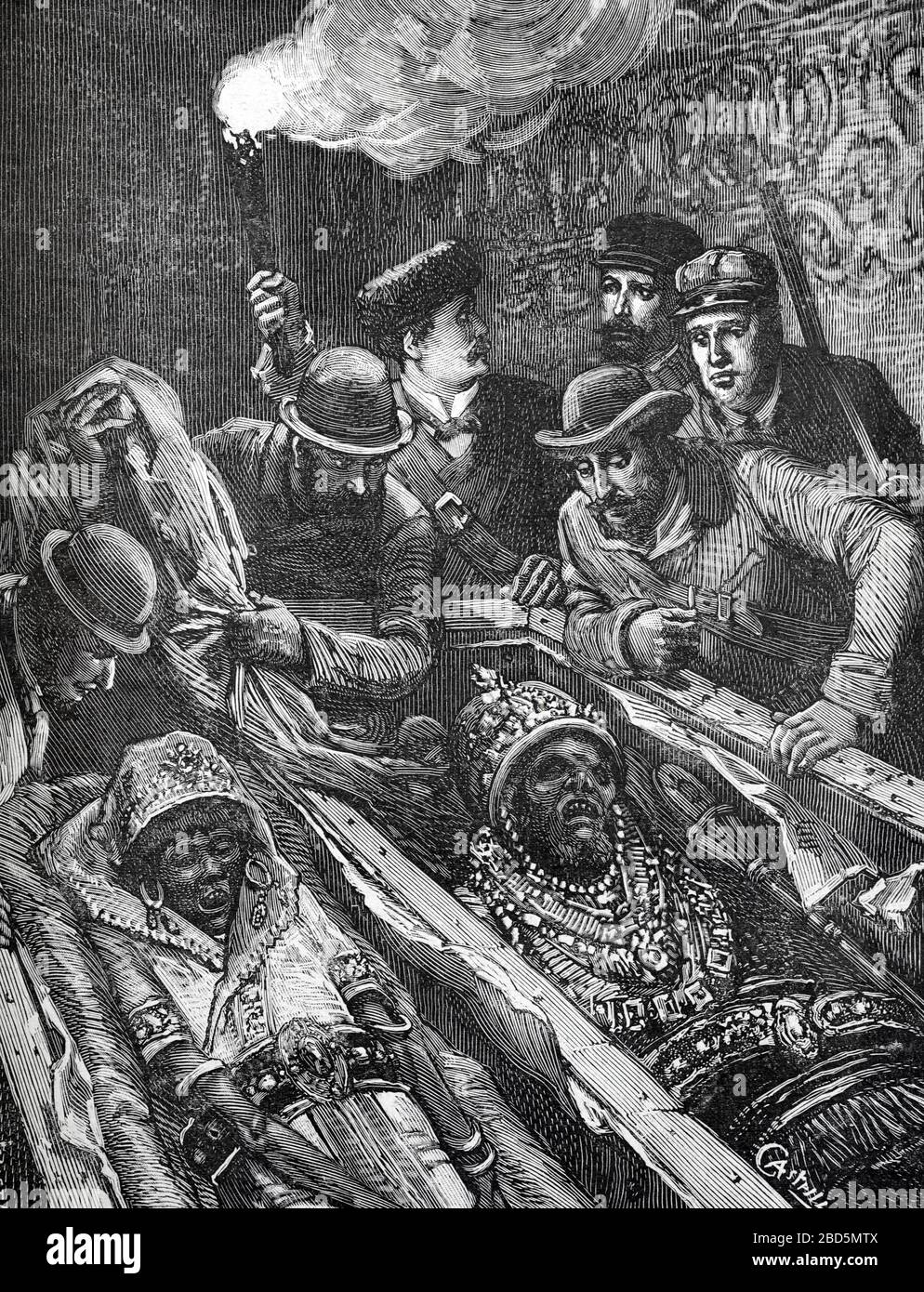 Royal Guanche Mummie della Regina decorate in pietre preziose e re con Corona e Scepter Tenerife Spagna. Vintage o vecchia illustrazione o incisione 1882 Foto Stock