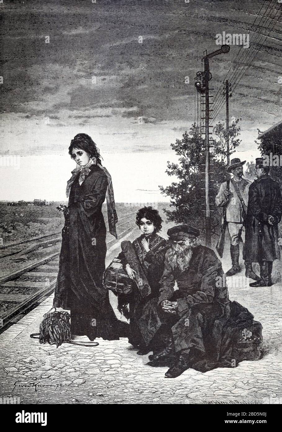 In attesa di un treno su una piattaforma della stazione in Francia. Vintage o Old Illustration o Engraving 1882 Foto Stock