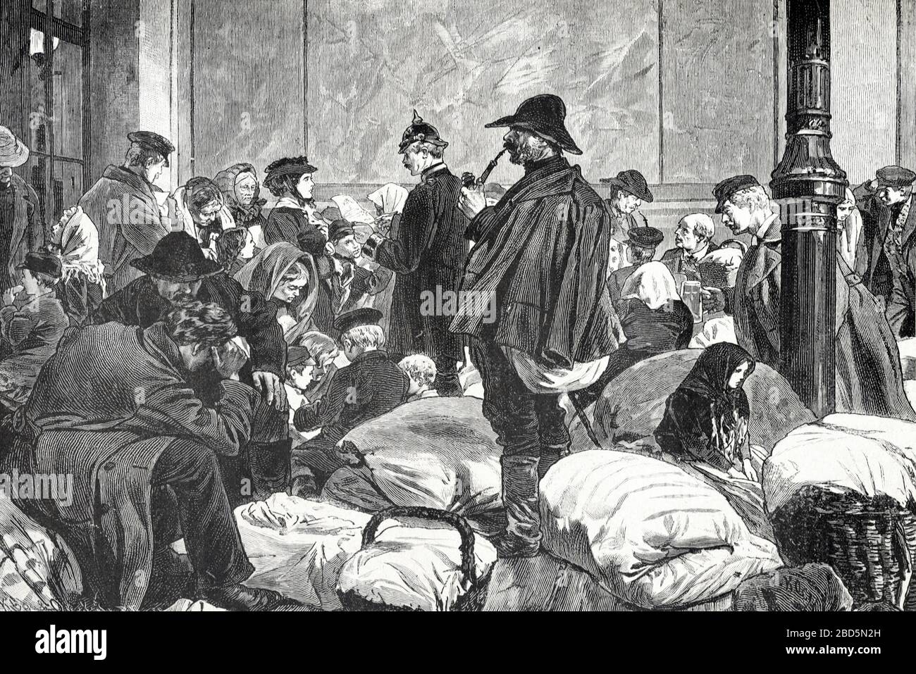 Gli emigranti tedeschi in Germania si preparano a partire o a partire per l'America o gli Stati Uniti. Vintage o Old Illustration o Engraving 1882 Foto Stock