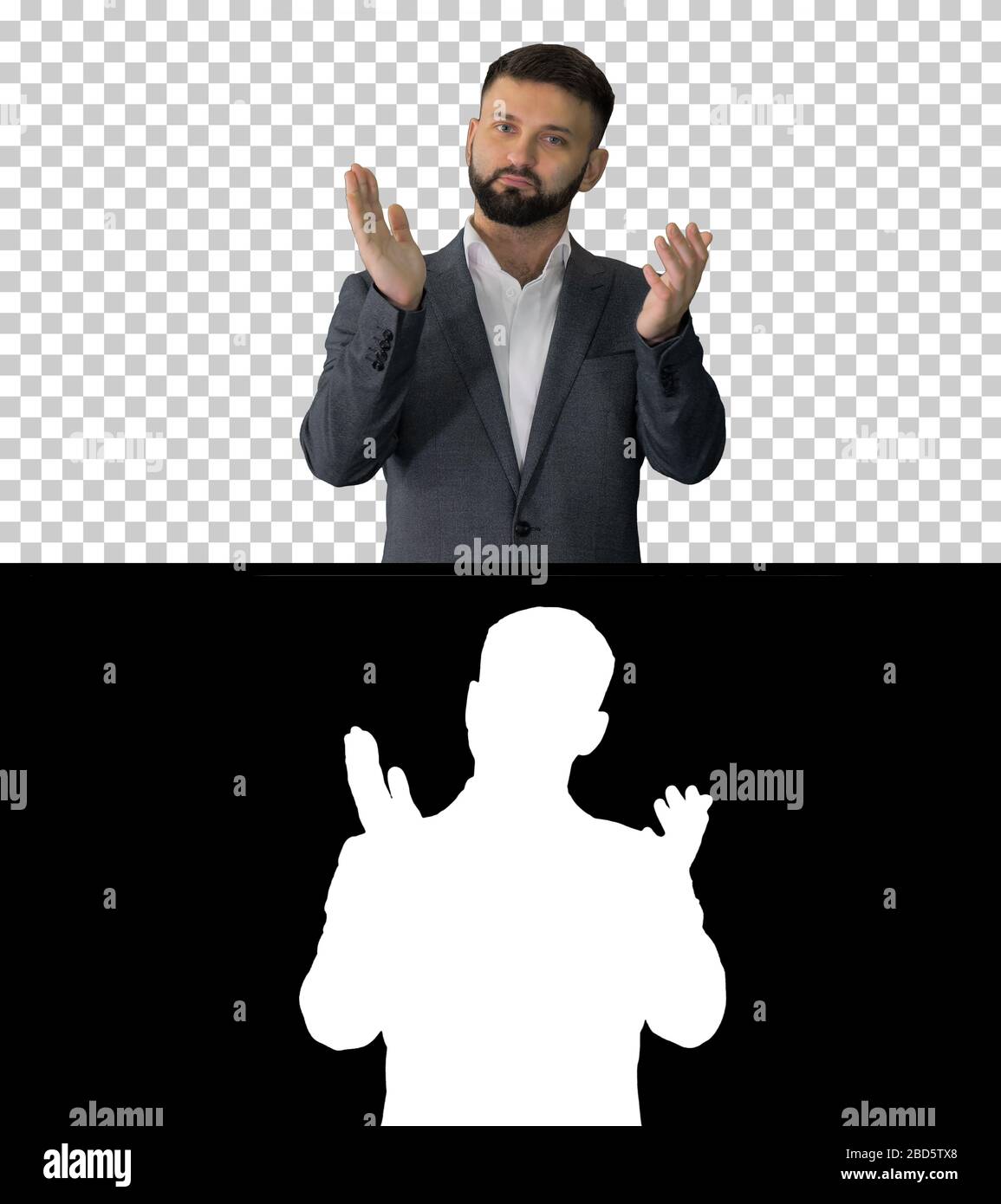 Uomo che guarda la macchina fotografica e applauding, Alpha Channel Foto Stock