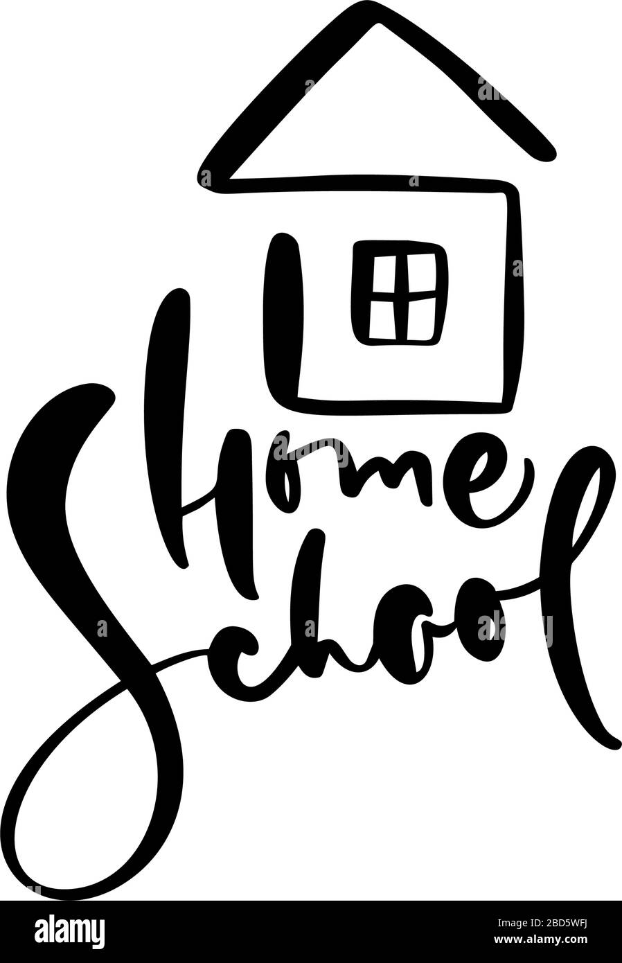 Concetto di scuola domestica. Vector Home Scuola calligrafia testo e casa icona. Per studiare a casa online. Illustrazione emblema dell'istruzione Illustrazione Vettoriale