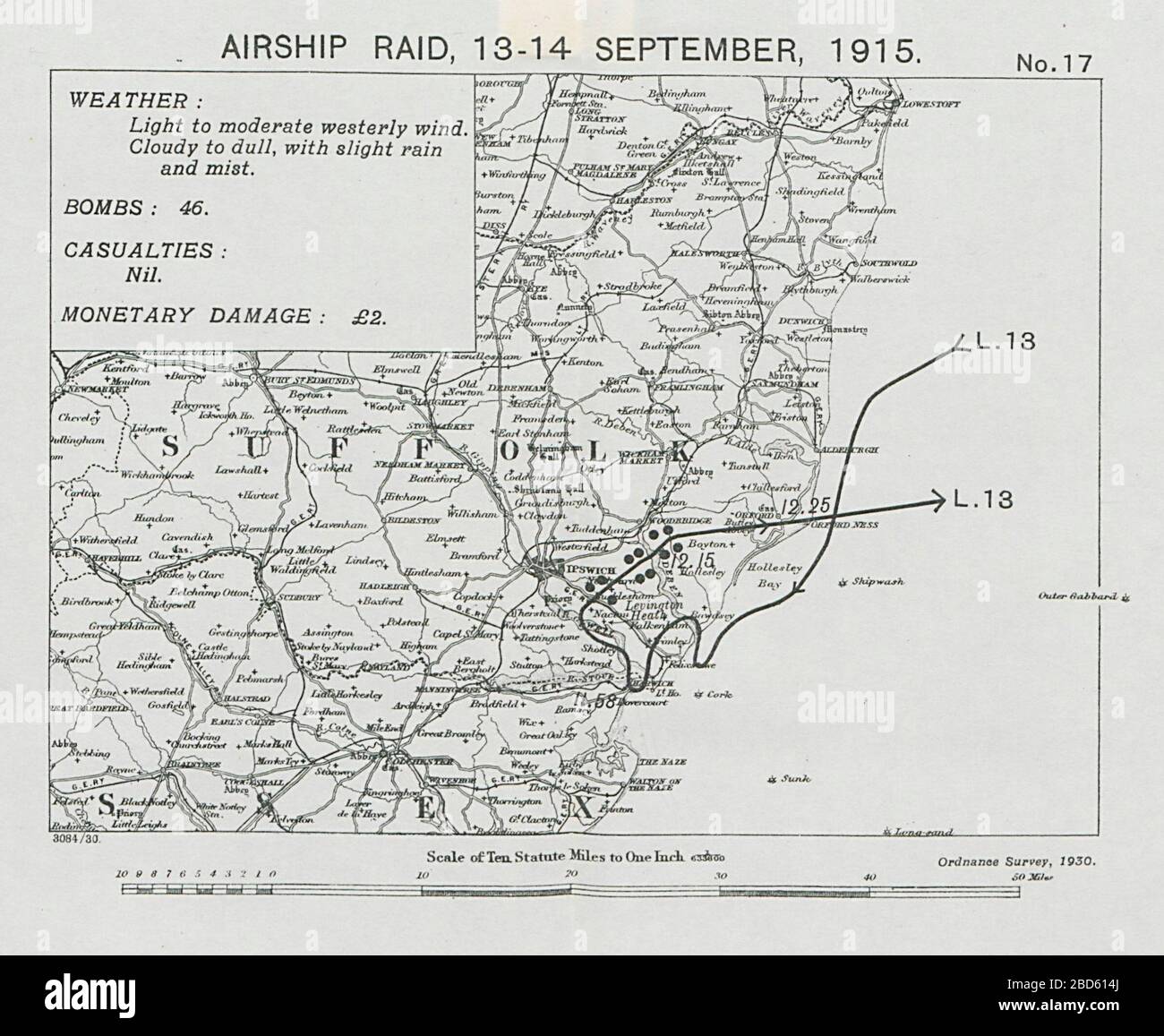 Prima guerra mondiale raid aereo tedesco 13-14 settembre 1915 Ipswich Woodbridge Suffolk 1930 mappa Foto Stock