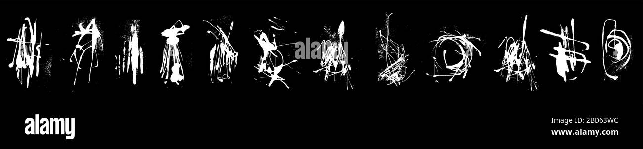 Set di grafica calligraphy inchiostro forme eleganti. Set di impronte in bianco e nero astratto. Formato orizzontale, inversione. Clipart vettoriali. Spruzzi dinamici Illustrazione Vettoriale