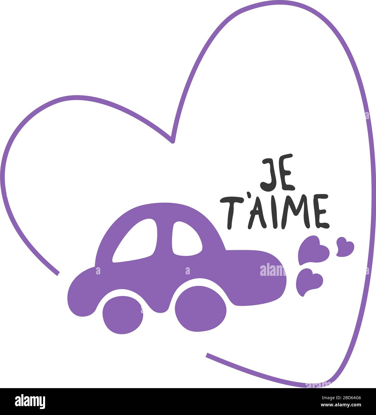 Auto viola nel cuore. Cartolina tipografica di San Valentino. Formato quadrato. Frase ti amo in francese. Illustrazione vettoriale di un San Valentino Illustrazione Vettoriale