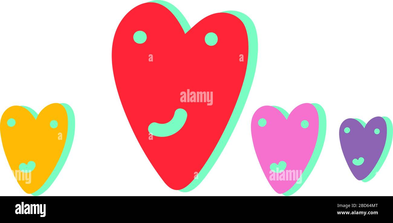 Quattro cuori luminosi sorridenti con occhi di diverse dimensioni. Illustrazione vettoriale al neon con colori vivaci. Buon San Valentino. Idea di famiglia Illustrazione Vettoriale