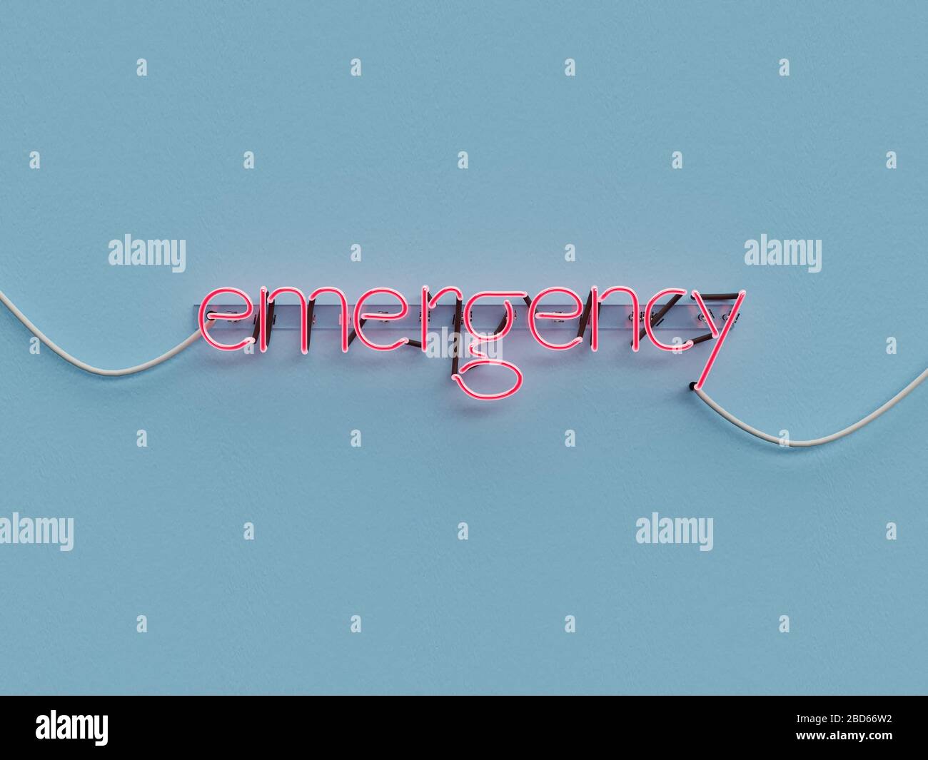 segnale al neon di emergenza su sfondo blu con parola di emergenza in gas al neon rosso - concetto di rendering 3d Foto Stock