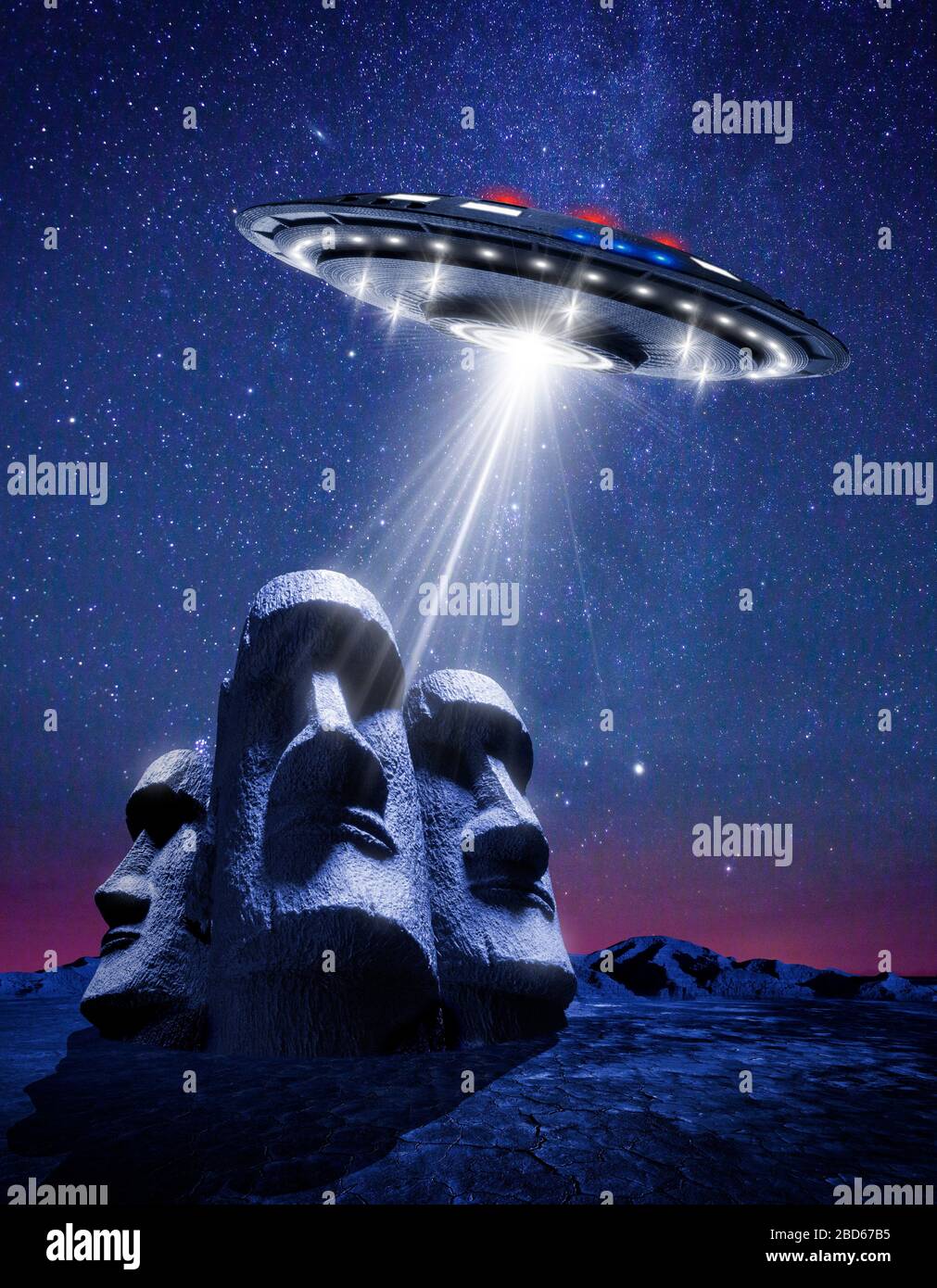 Easter Island Heads & UFO illustrazione digitale Foto Stock