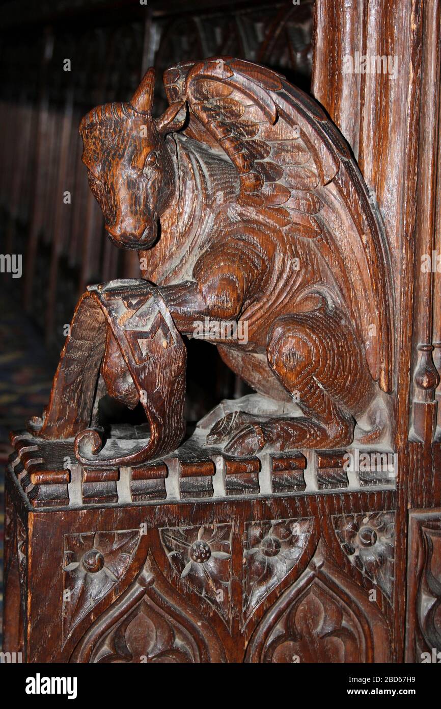Scultura in Cattedrale di Chester bancarelle del coro di un toro alato Foto Stock
