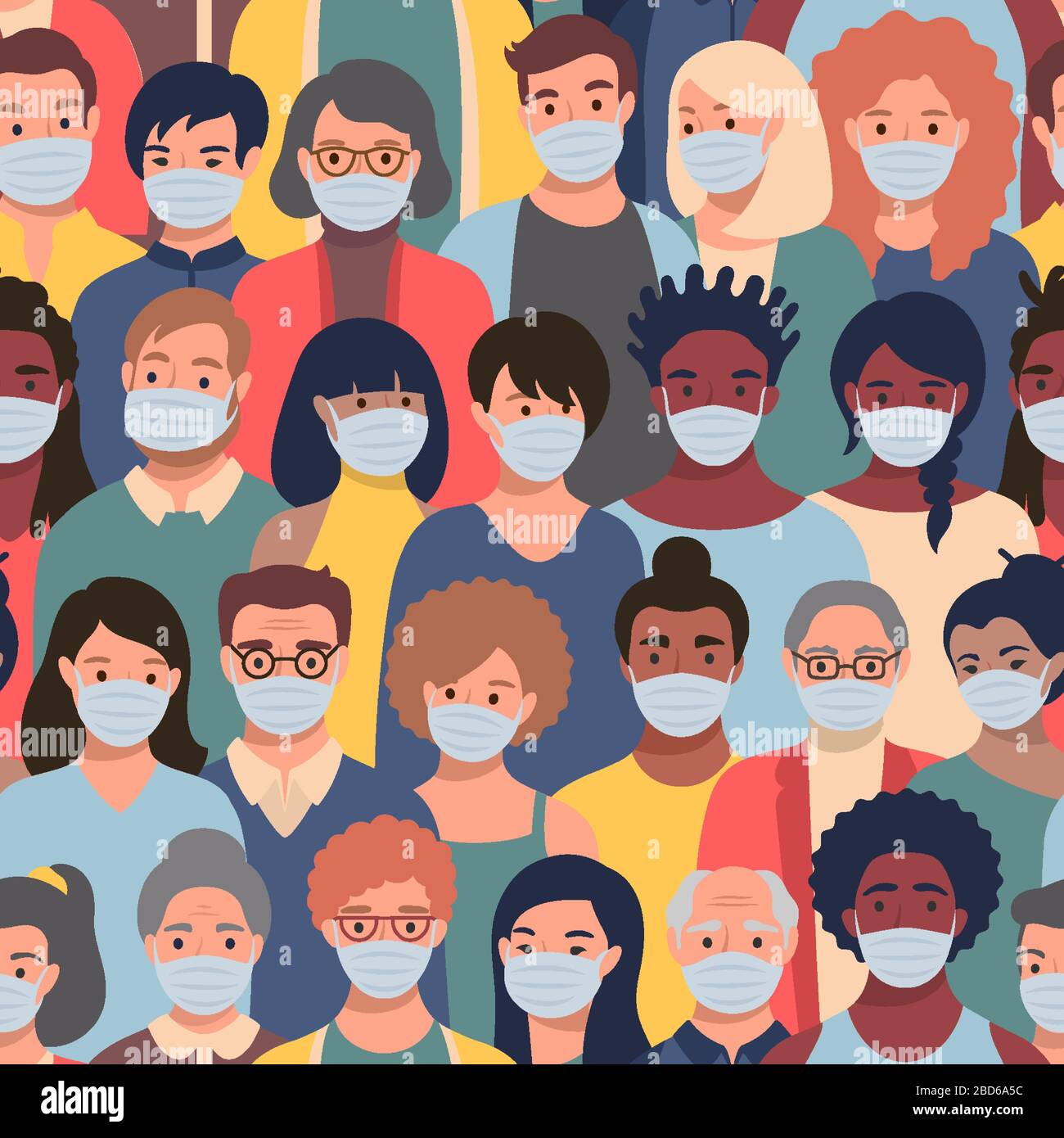 Modello senza cuciture con facce di persone in maschere protettive di etnia ed età diverse. Concetto di quarantena del coronavirus, protezione dell'inquinamento atmosferico Illustrazione Vettoriale