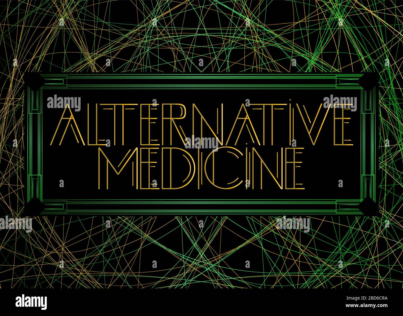 Testo Art Deco alternative Medicine. Biglietto d'auguri decorativo, cartello con lettere d'epoca. Illustrazione Vettoriale