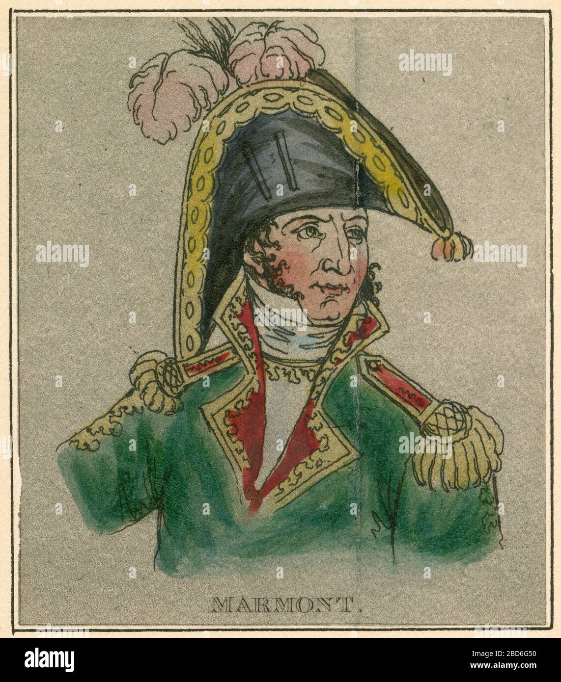 Incisione antica, Auguste de Marmont. Auguste Frédéric Louis Viesse de Marmont (1774-1852) fu un generale e nobile francese che salì al rango di Maresciallo dell'Impero e ottenne il titolo di Duca di Ragusa. FONTE: INCISIONE ORIGINALE Foto Stock
