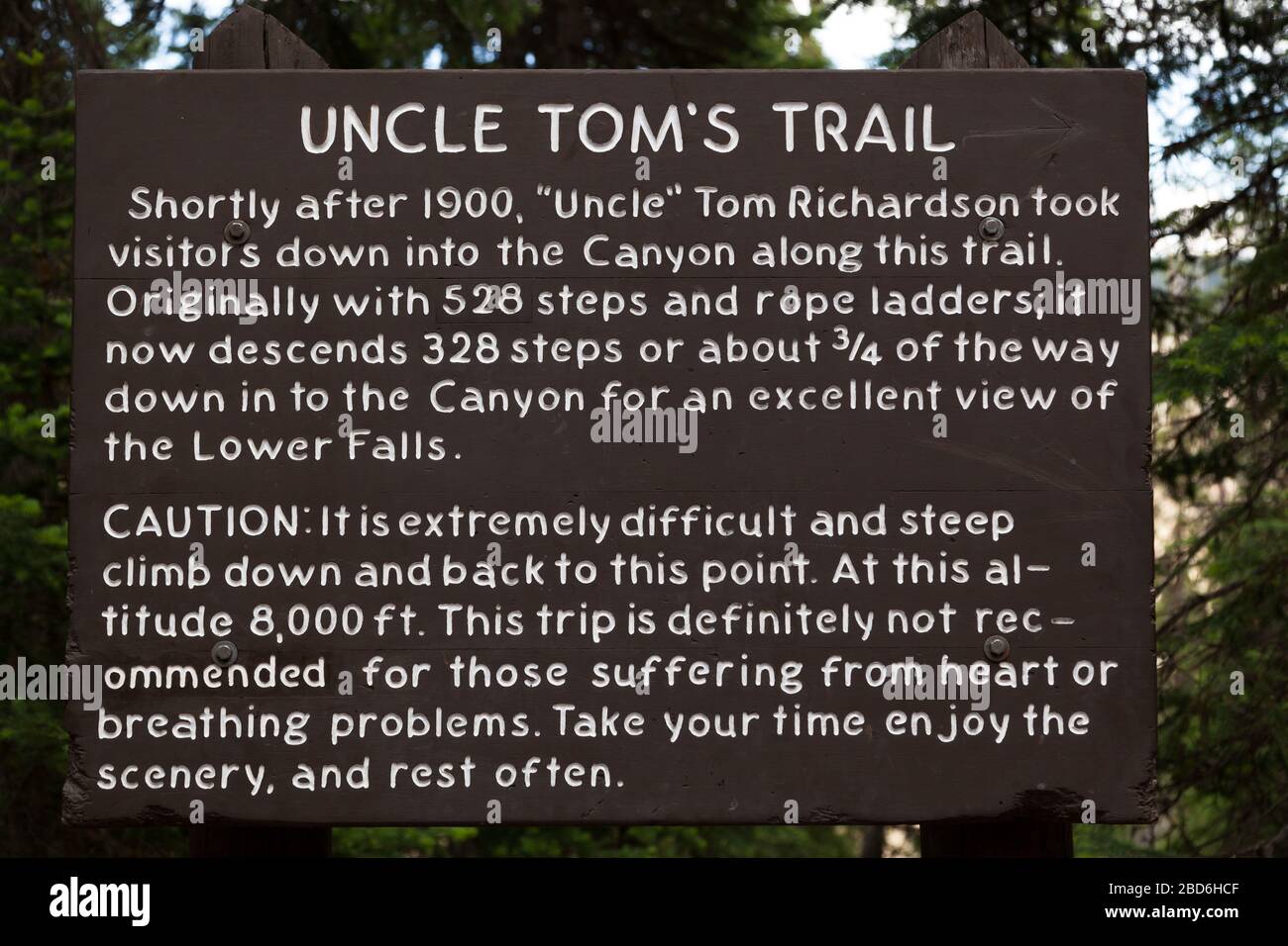 YELLOWSTONE NATIONAL PARK, USA - Luglio 12 2014: Un cartello informativo che fornisce dettagli sul percorso dello zio Tom's Trail situato nel Parco Nazionale di Yellowstone, Wy Foto Stock