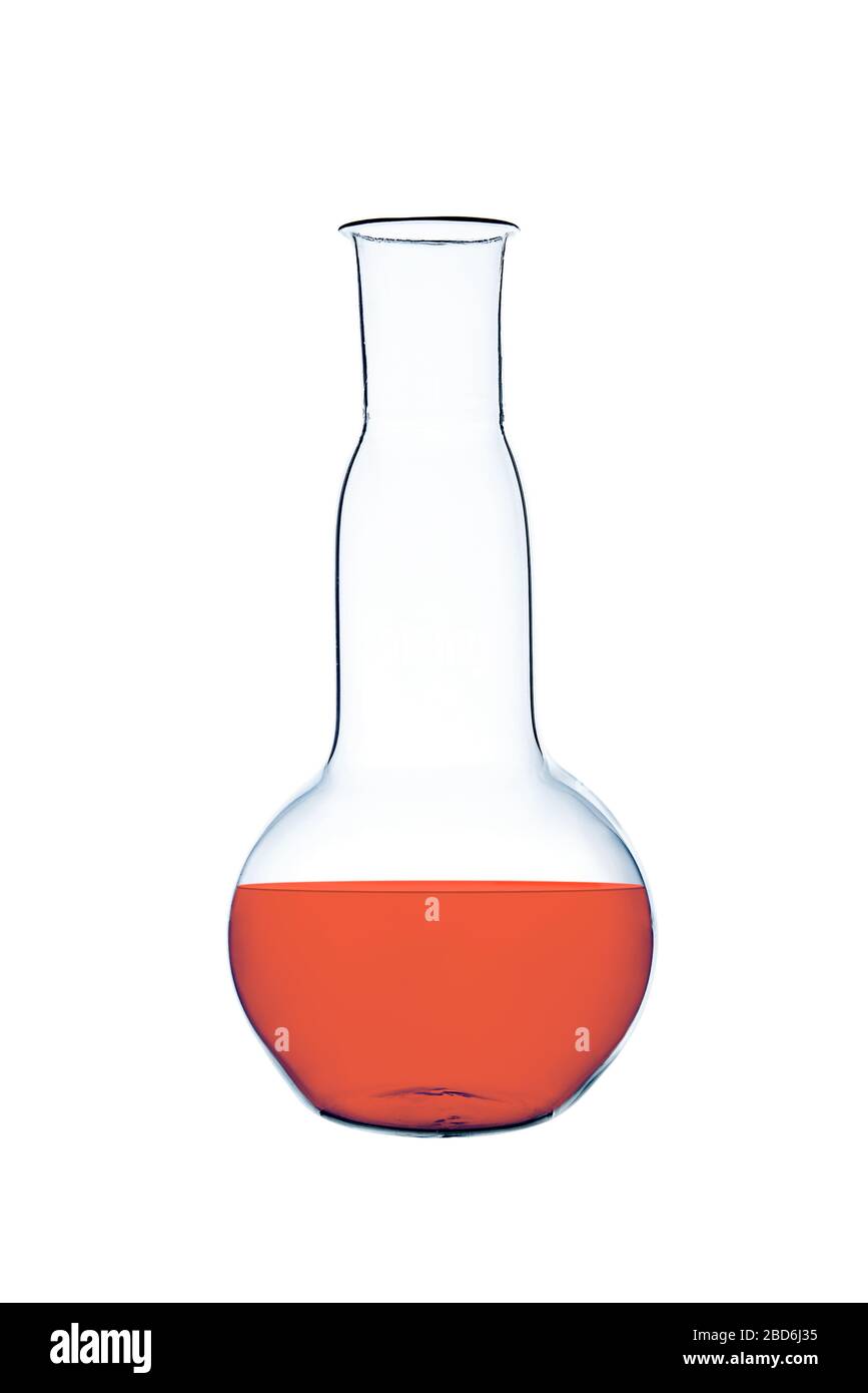 Un flacone da laboratorio con esami medici o vaccino, foto su sfondo bianco, isolato. Concetto di epidemia di coronavirus Foto Stock