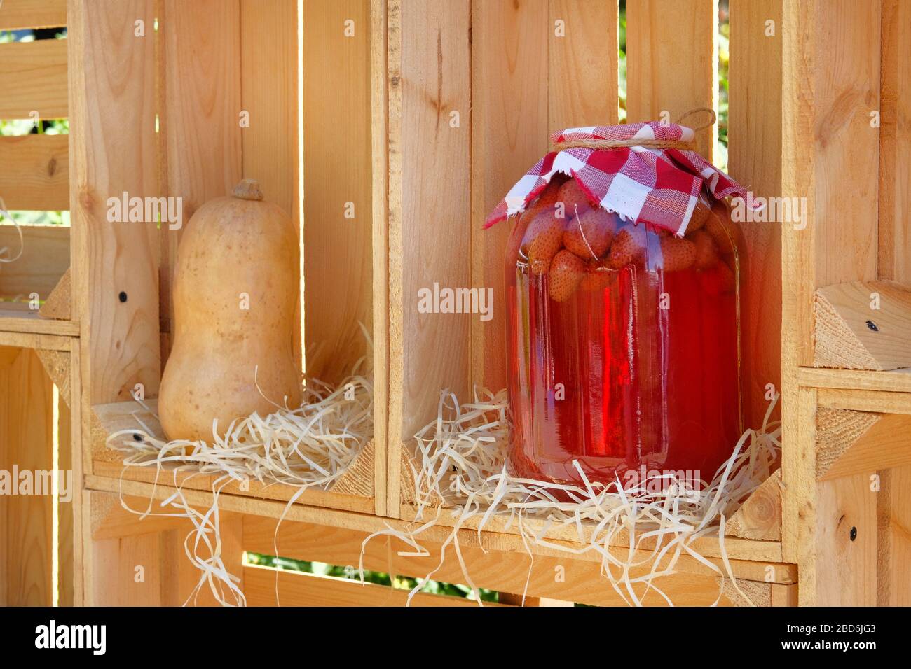 Conserve fatte in casa in vaso, bevanda alla fragola. Fermentato sano concetto di cibo naturale Foto Stock