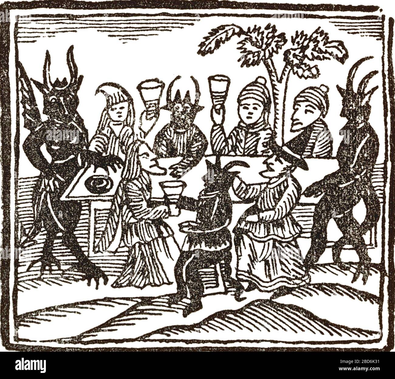 DIAVOLO ADORARE UN woodcut circa 1600 che mostra un gruppo di streghe maschio e femmina che bevono con diavoli corni Foto Stock