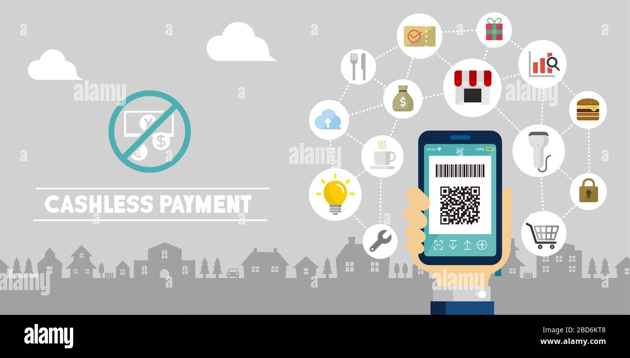 Illustrazione del banner vettoriale per il pagamento senza contanti (pagamento tramite codice QR, pagamento tramite smartphone) Illustrazione Vettoriale