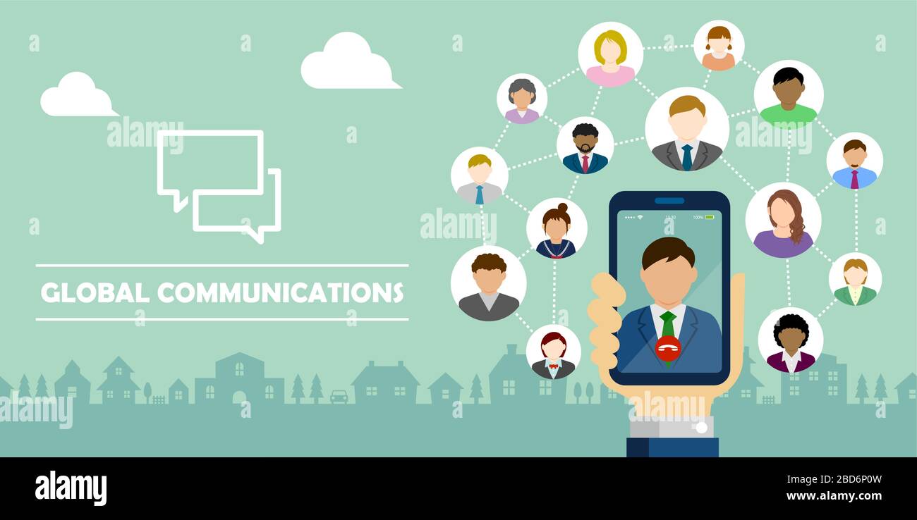 Applicazione chat (SNS/message app) - illustrazione banner vettoriale / smartphone con mani in mano. Illustrazione Vettoriale