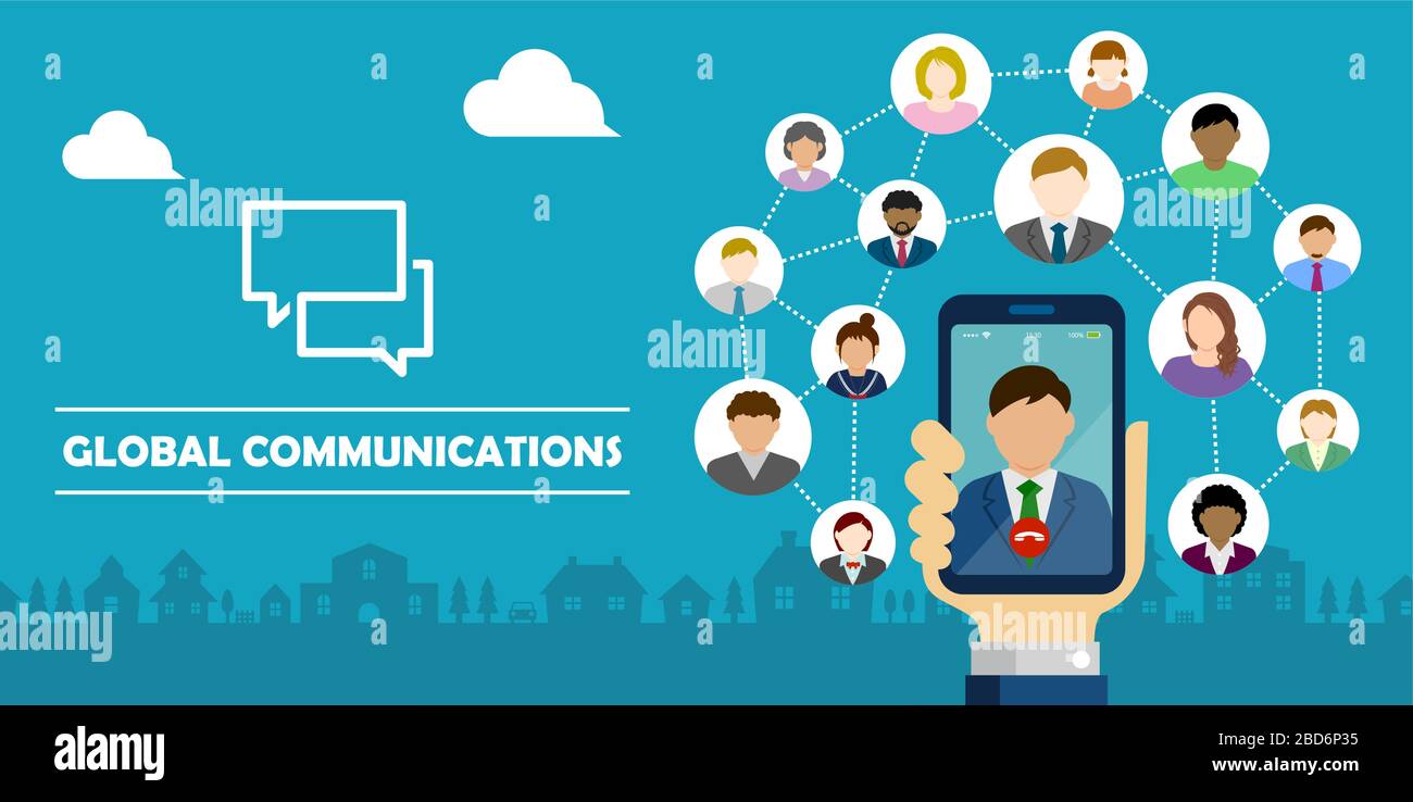 Applicazione chat (SNS/message app) - illustrazione banner vettoriale / smartphone con mani in mano. Illustrazione Vettoriale