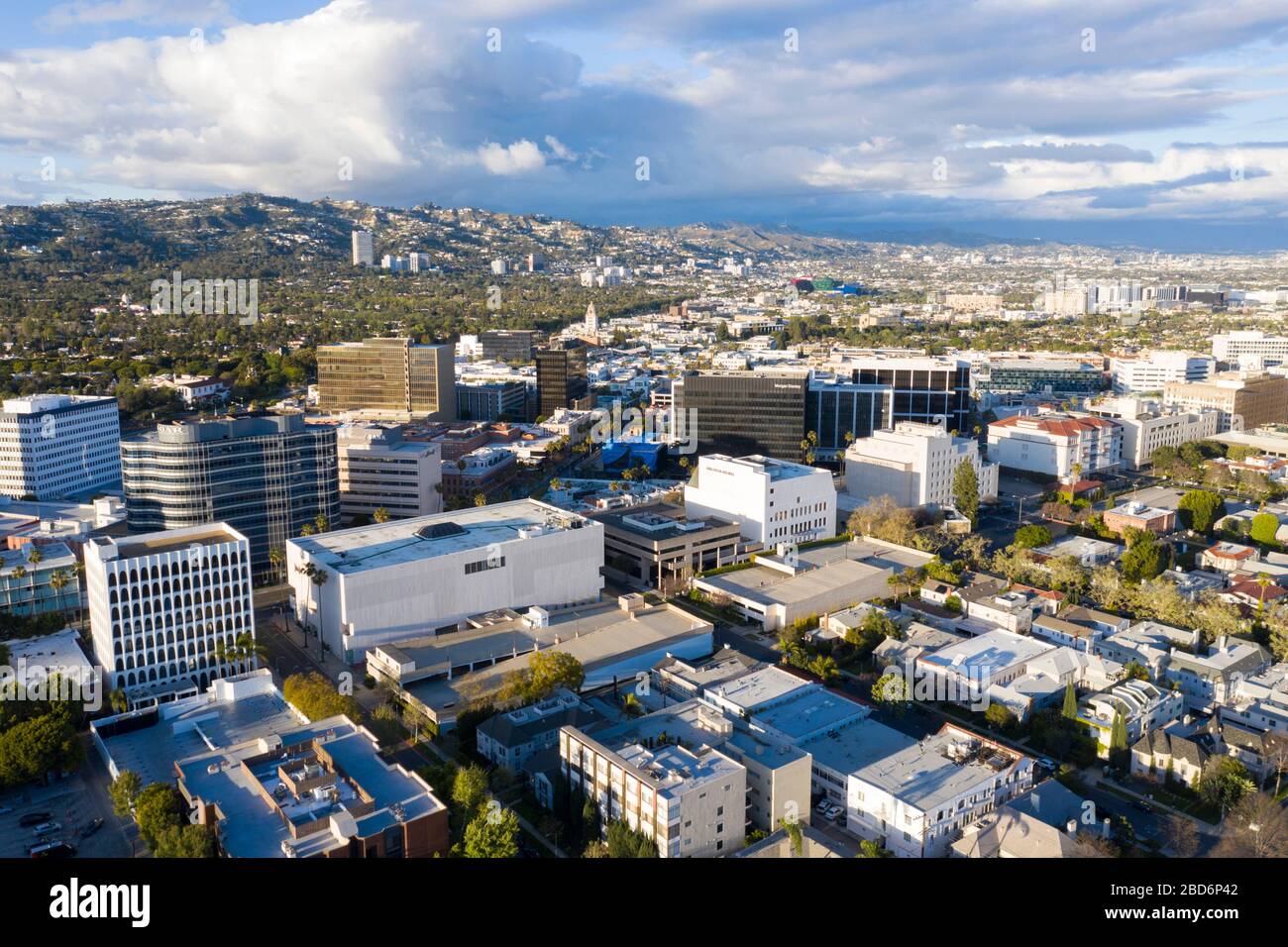 Vista aerea del centro di Beverly Hills, quartiere degli affari, California Foto Stock