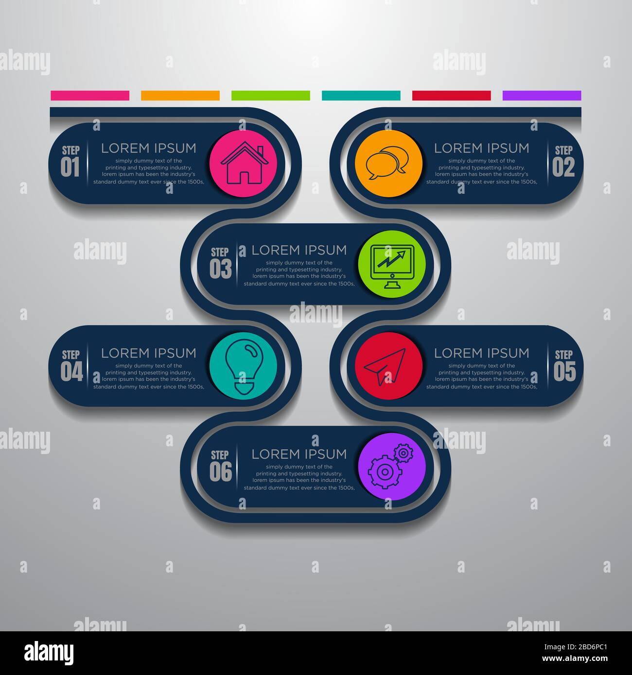 Design Business modello 6 opzioni o fasi elemento grafico infografica con data luogo per le presentazioni, concetto di icone di marketing creativo per la statistica Illustrazione Vettoriale