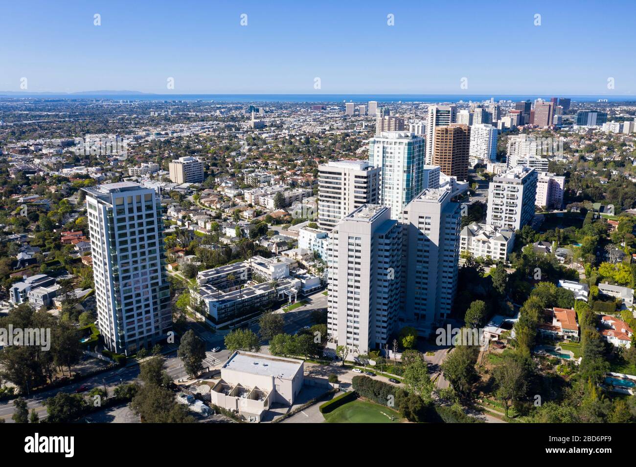 Vista aerea delle torri del corridoio del Wilshire a Westwood, Los Angeles ovest, California Foto Stock