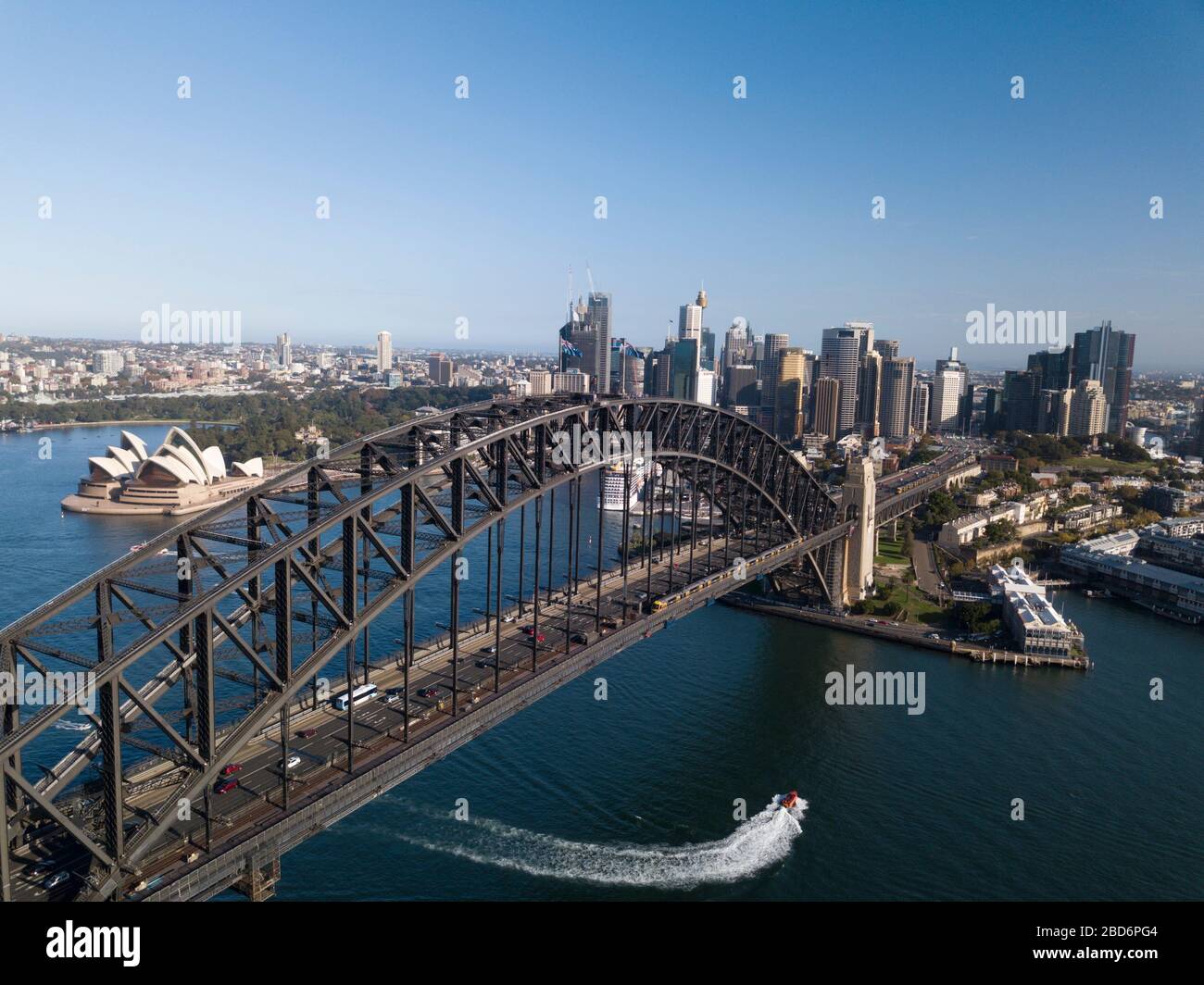 Vista aerea del Sydney Harbour Bridge e dell'Opera House Foto Stock