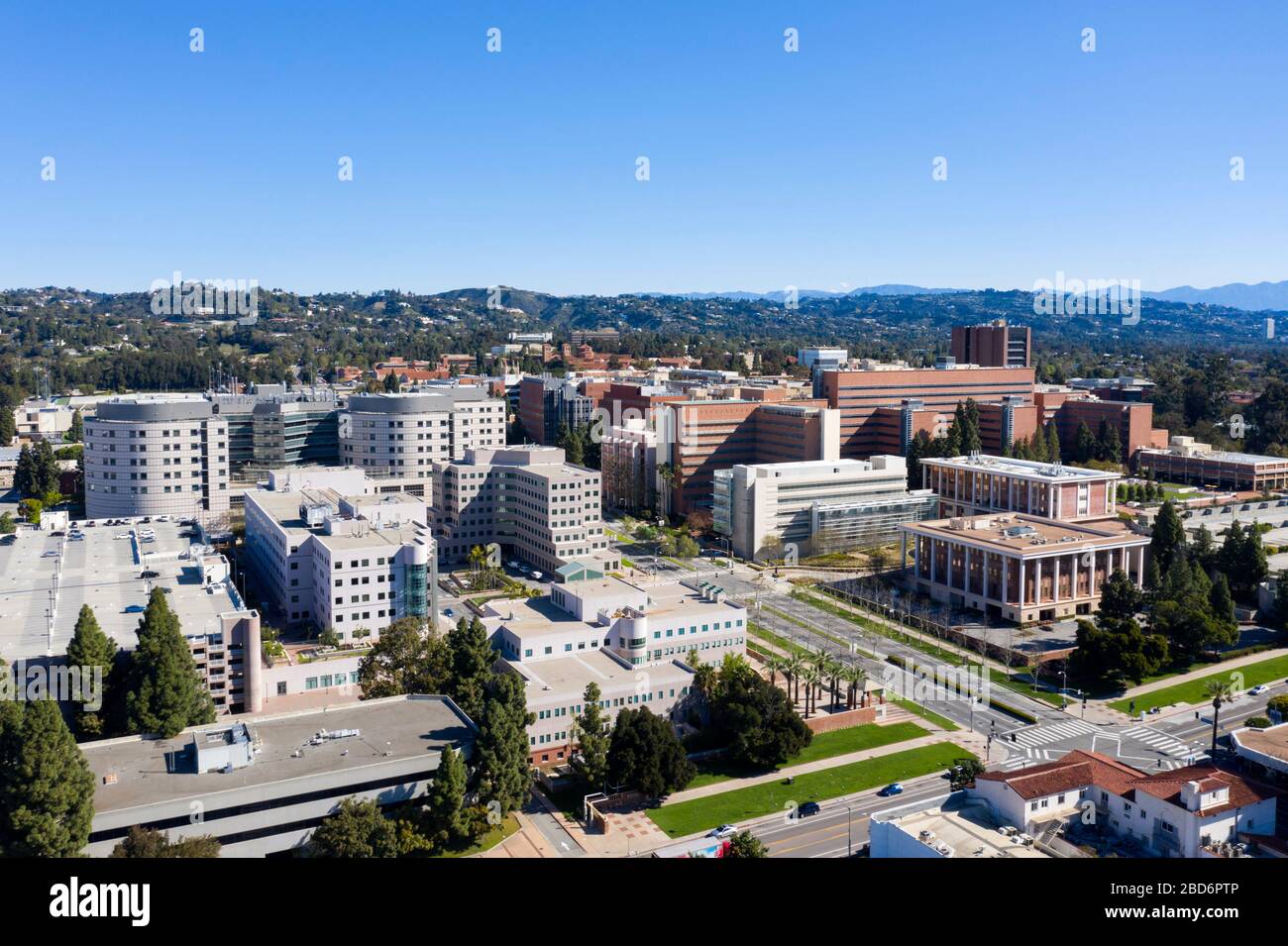 Vista aerea del centro medico UCLA e del campus di Westwood, Los Angeles Foto Stock