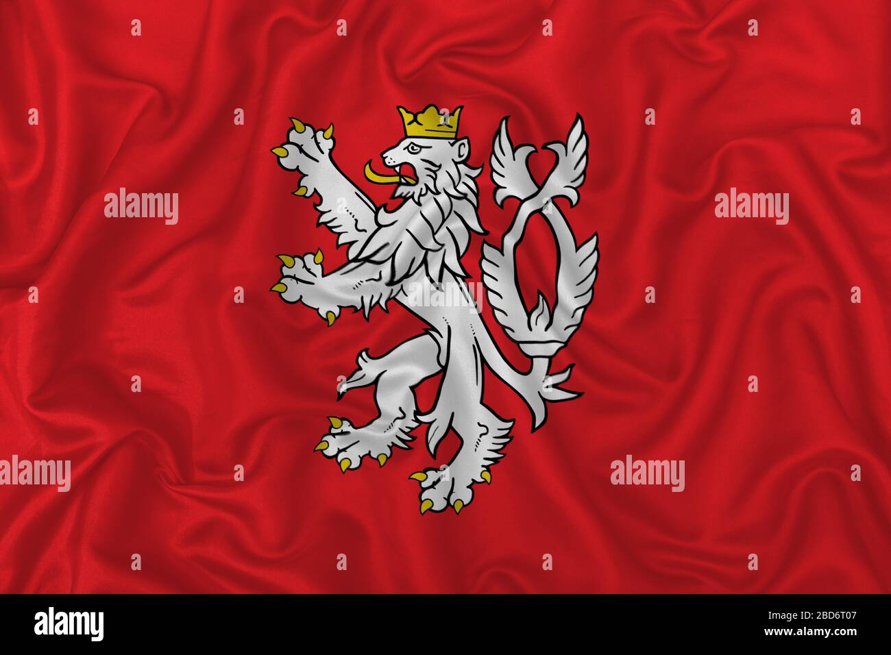 Vista di un design araldico leone bianco su uno sfondo ondulato in tessuto satinato di seta. Foto Stock