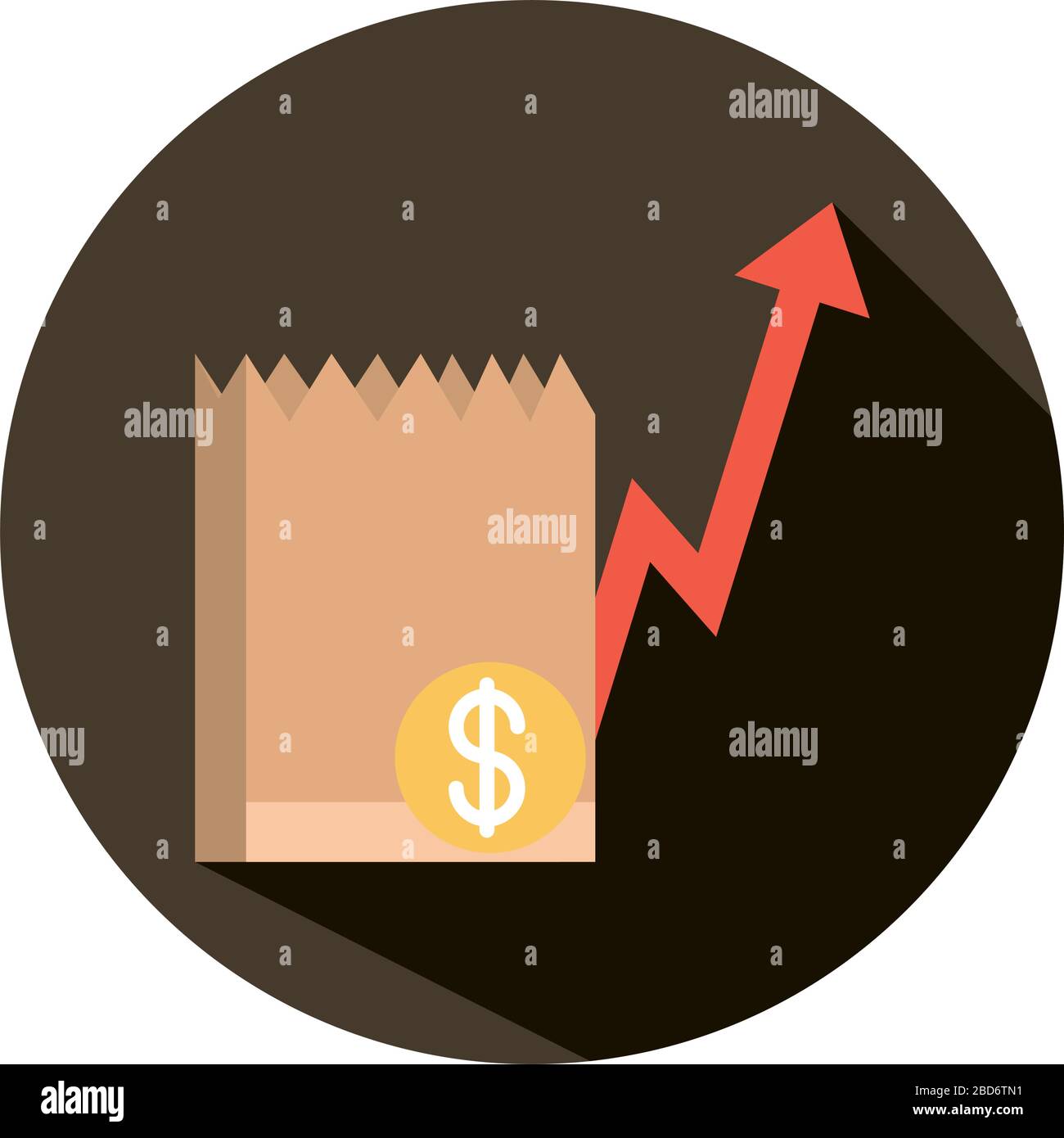i soldi del sacchetto della drogheria vanno in su freccia, prezzi del cibo aumentanti, illustrazione vettoriale dell'icona di stile del blocco Illustrazione Vettoriale