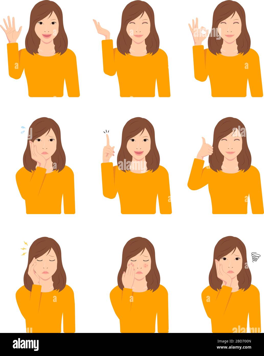 Giovane donna asiatica (corpo superiore / vita in alto ) Set di illustrazione vettoriale / gesto della mano e variazioni del modello del viso. Illustrazione Vettoriale