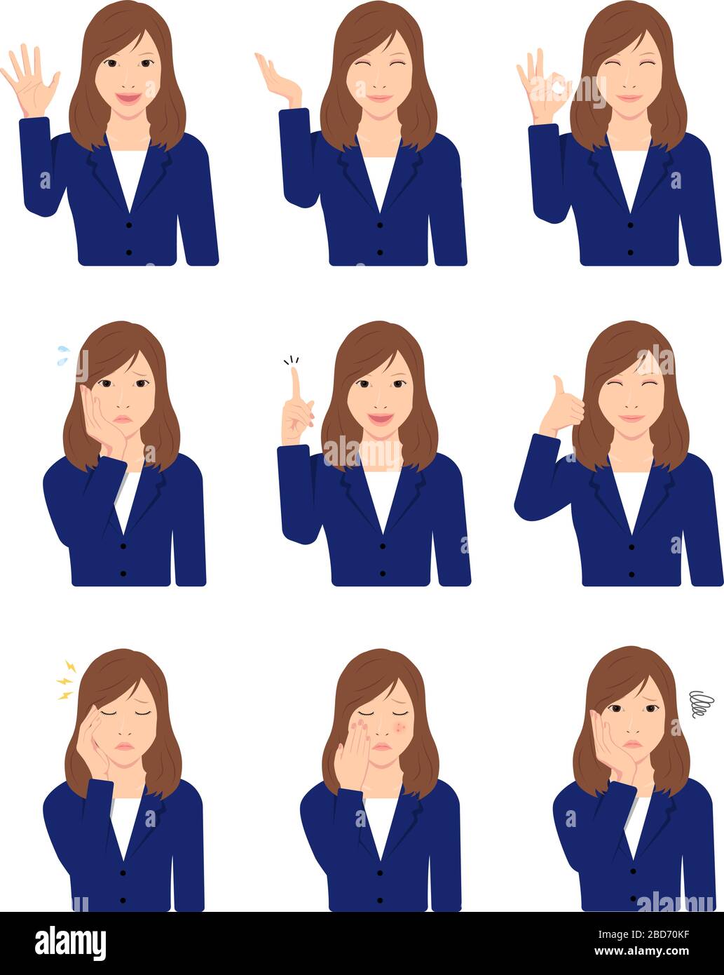 Giovane donna asiatica d'affari (corpo superiore / vita in su ) insieme di illustrazione vettoriale / gesto della mano e variazioni del modello del viso. Illustrazione Vettoriale