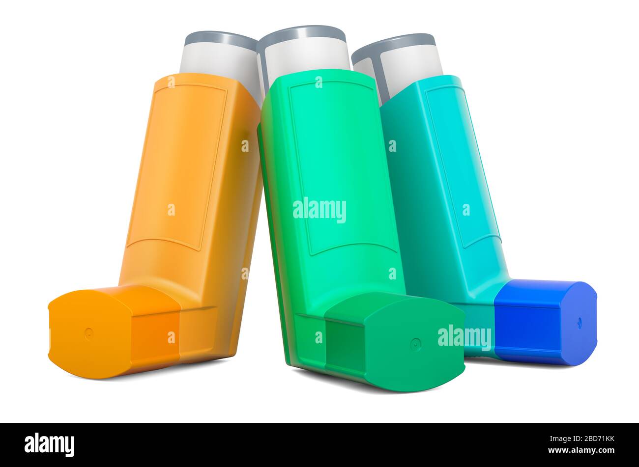 Set di inalatori colorati a dose misurata, con rendering 3D isolato su sfondo bianco Foto Stock