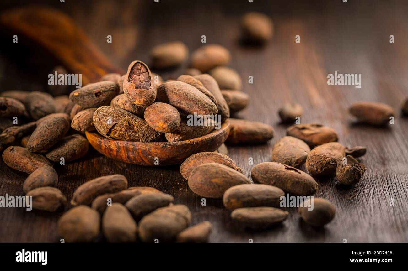 Le fave di cacao su sfondo di legno Foto Stock